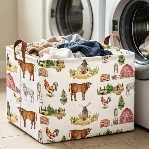 Image of Rectangle Storage Basket with Handles,Collapsible Storage Bin,Books Box,Gift Basket(Farm)