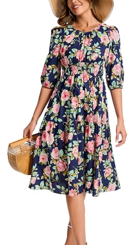 Image of Kormei Women Casual Boho Floral Round Neck 3 /4 Sleeve Smocked Waist Tiered A Line Flowy Swing Midi Dress Long Dresses