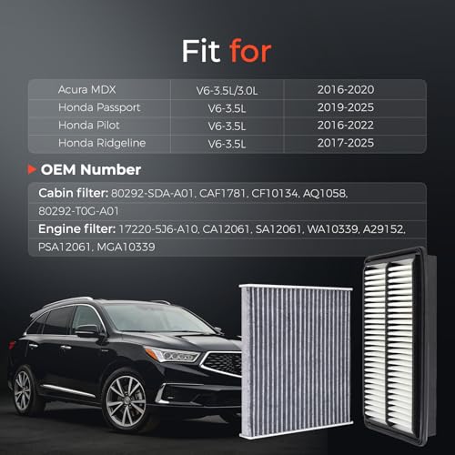 Image of Engine & Cabin Air Filter Kit Compatible with Honda Pilot 2016-2022 Ridgeline 2017-2025 Passport 2019-2025 MDX 3.0L /3.5L Replaces 80292-SDA-A01 17220-5J6-A10