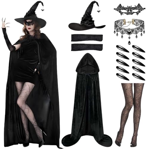 Yi'antai 17 Piezas Halloween Traje Bruja,Adulto Disfraz de Bruja,Disfraz bruja Mujer Halloween,Sombrero de Diablo de halloween,Capa Negra con Capucha,Maniche Venda para Los Ojos (L-140cm)