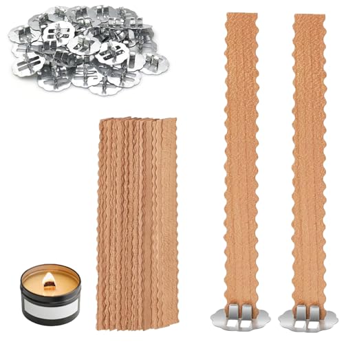 Mechas de Madera para Velas, 50 Piezas Mecha de Vela de Madera Cortable, 13 x 130mm Mechas onduladas para Hacer Velas con Soporte, con 50 Metal Bases, para Fabricación de DIY, Interior