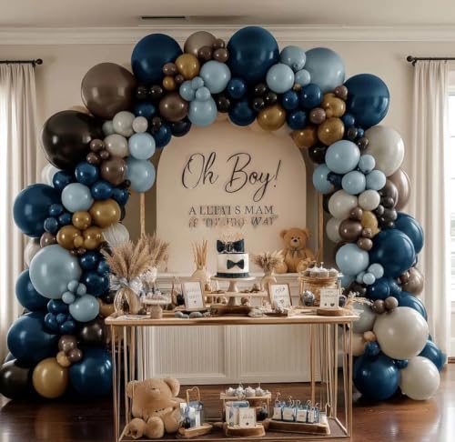 Image of Blue Brown Sand White Balloon Arch Double Stuffed Blue Black Brown Balloons | brown dark blue balloon garland kit for Boho Birthday baby shower cowboy gender reveal retirement anniversary party decor