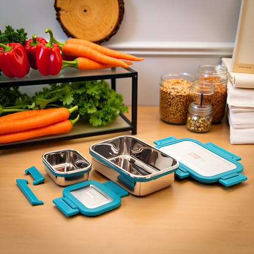 Image of Premium Stainless Steel Lunch Box, 1000ml + 200ml, Leakage Proof /Airtight Containers Large Lunch /Tiffin Box for Office, School Use, Bento Lunch Box for Men /Women, 4 Side Clip Lock Lid - Blue