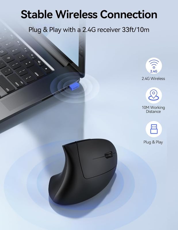 Image of COOLCOLD Vertical Wireless Mouse, Ergonomic Rechargeable Optical Mouse with 2.4G USB & Bluetooth Dual Mode, Low Noise Click, Adjustable 800-2400 DPI, 6 Buttons, for Windows, Mac & Linux