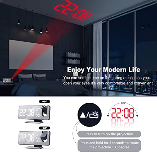 Projection Digital Alarm Clock For Bedrooms, Radio Alarm Clock On Ceiling, Usb Charger Port, Temperature & Humidity Display, 7.3” Large Mirror Led Display,12/24H,Snooze,Dual Loud Alarm Clock- 4 Dimmer #TOP1