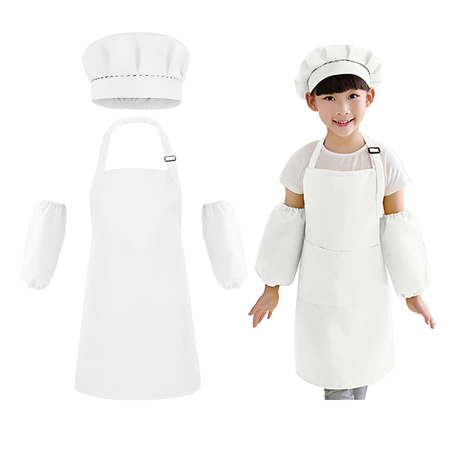 1 Set Of Children's Chef Uniform Set, 1 Chef Hat, 1 Pair Of Sleeves, Children's Chef Apron, Adjustable Apron, Suitable For Children Aged 7-13 Years Old For Painting, Performing And Cooking (White)