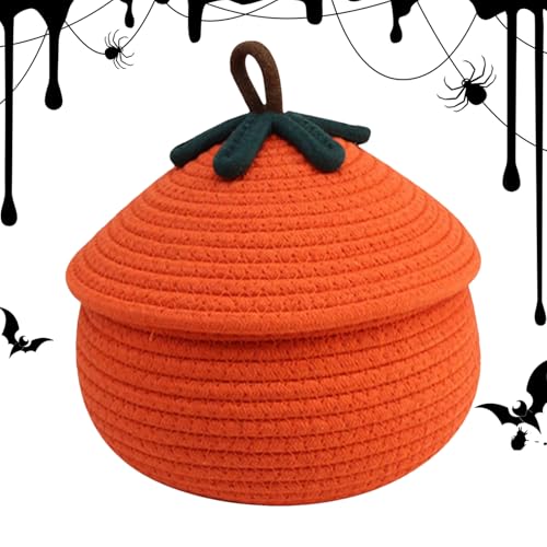 Kezvmhy 蓋付きカボチャバスケット、ハロウィン織物収納バスケット | ハロウィン用に編まれた蓋付き収納バスケット - 寝室の季節の装飾、リビングルームのロープバスケット、衣類、スナック、本用