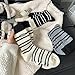 chanstore 5 Pairs - Autumn and Winter Black and White Striped Spliced Socks, Japanese Wool Embroidery mid-Tube Pile Socks - Black - One Size fits All