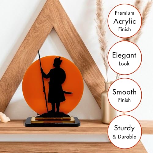 Image of Maharana Pratap Singh Acrylic Showpiece | Rajput Warrior Silhouette with Saffron Sun Background | Car, Home, Office & Gift Decoration, 4 Inch