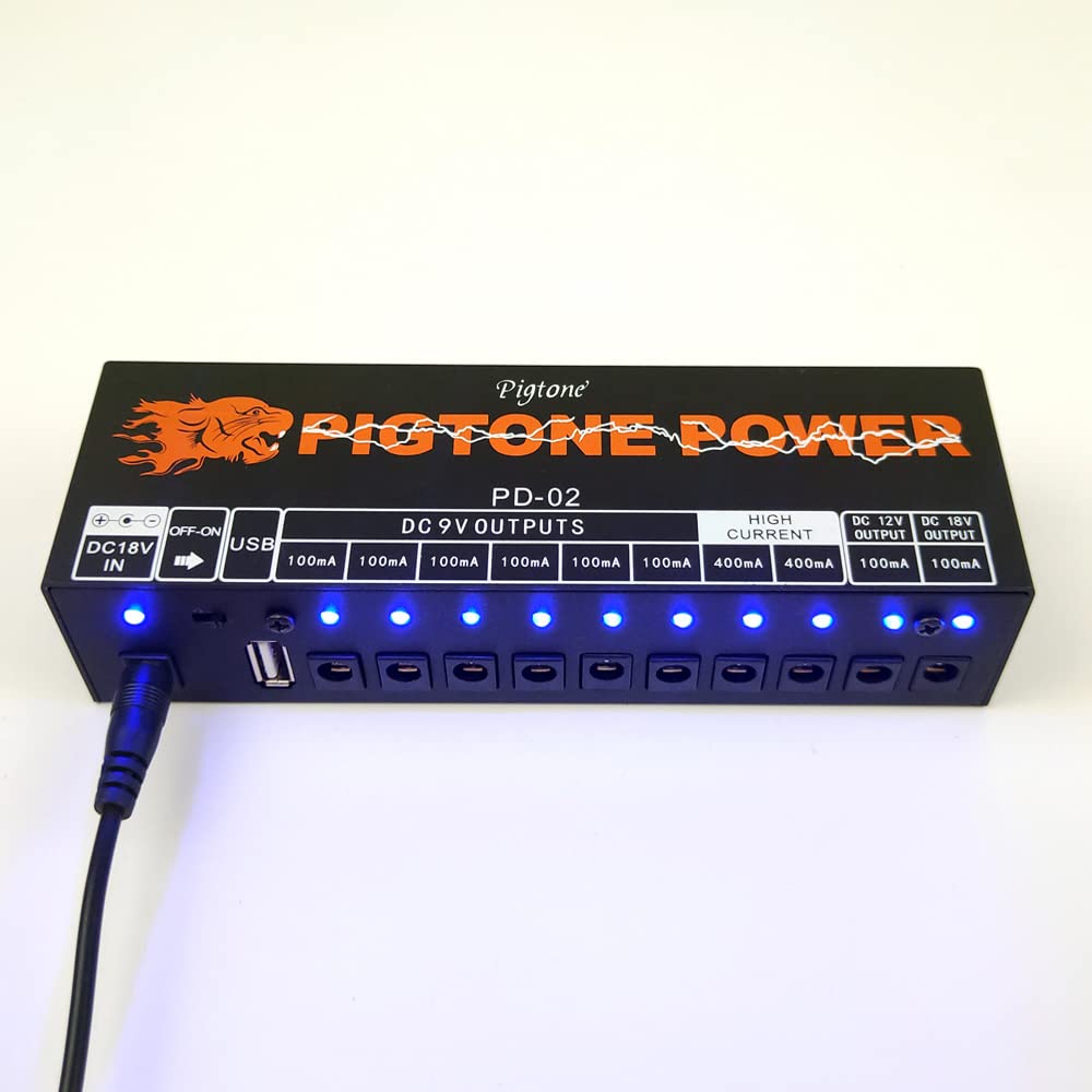 Fuente de alimentación de pedal de guitarra 10 salidas de CC aisladas para pedal de efecto 9V/12V/18V con puerto USB PD-02