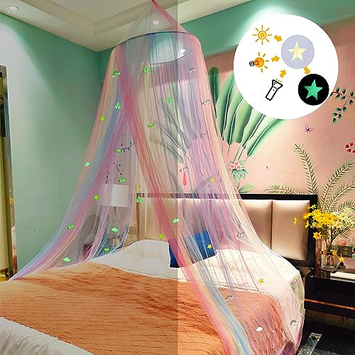 Image of Rainbow Bed Canopy Mosquito Net, Princess Bed Canopy for Girls Room Decor or Unicorn Theme Party(Rainbow,with Unicorn Castle Glow in the Dark)