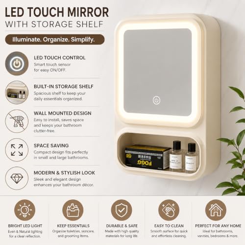 Image of HOME CUBE Wall Mounted Storage Cabinet with LED Mirror, Bathroom Cabinet Storage, Adhesive Bathroom Organizer, Tissue Holder, Cosmetic Organizer, Space Saving, No Drilling Required