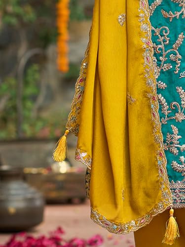 Image of INDO ERA Women's Silk Blend Embroidered Straight Kurta & Pant With Dupatta Set (IEOUT10592)