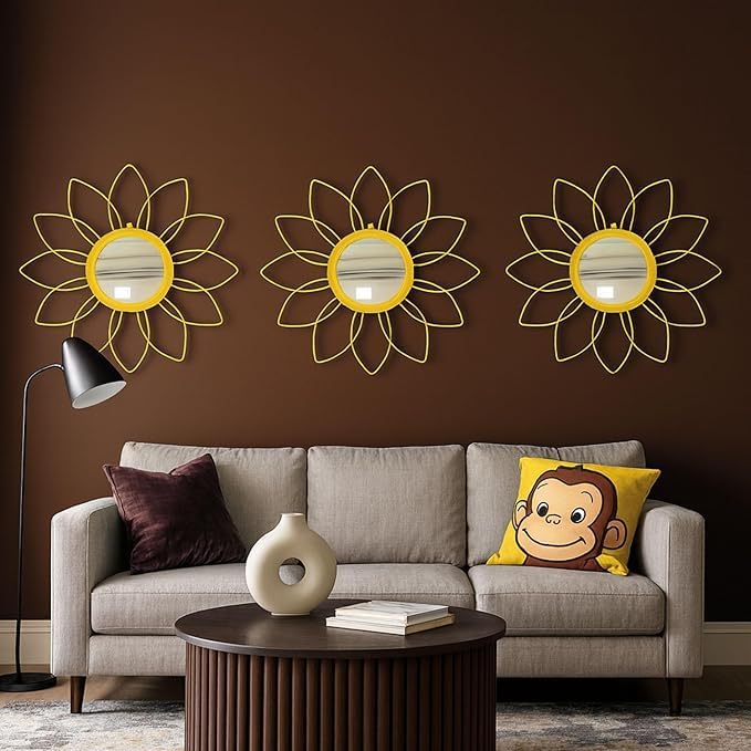 Nualish® Metal Sunflower Wall Mirror Decor | Decorative Mirror Wall Mounted | Mirror Wall Decor for Living Room | Beautiful Metal Modern Designer | Hanging Mirror Sculpture Set of 3 (Yellow)