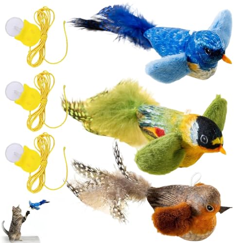 Novastream 3 Pack Flying Bird Cat Toy Simulated Chirping Bird Cat Toy for Indoor Cats Flappy Bird Cat Toys with Hanging Ropes Blue Gray Green