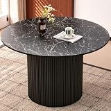 Pandolfini Modern Round Dining Table for 4, 47' Black Round Kitchen Table,Dinner Coffee Table with Black Marble Effect Tabletop, Wood Strips Pedestal Base for Living Room, Kitchen