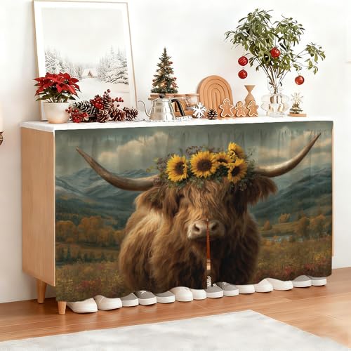 Image of Self Adhesive Highland Cow Sunflower Cabinet Curtain for Mother's Day, 39x28 Inch Rustic Farmhouse Under Sink Skirt No Drill, Spring Cleaning Kitchen Decor, Hook and Loop Valance