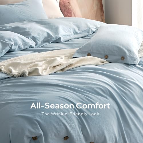 Image of JELLYMONI 100% Washed Cotton Duvet Cover Twin - Soft, Breathable Linen-Look Bedding with Natural Wrinkle Texture, Button Closure, 2-Piece Set (Mist Blue, 68 inchx90 inch)