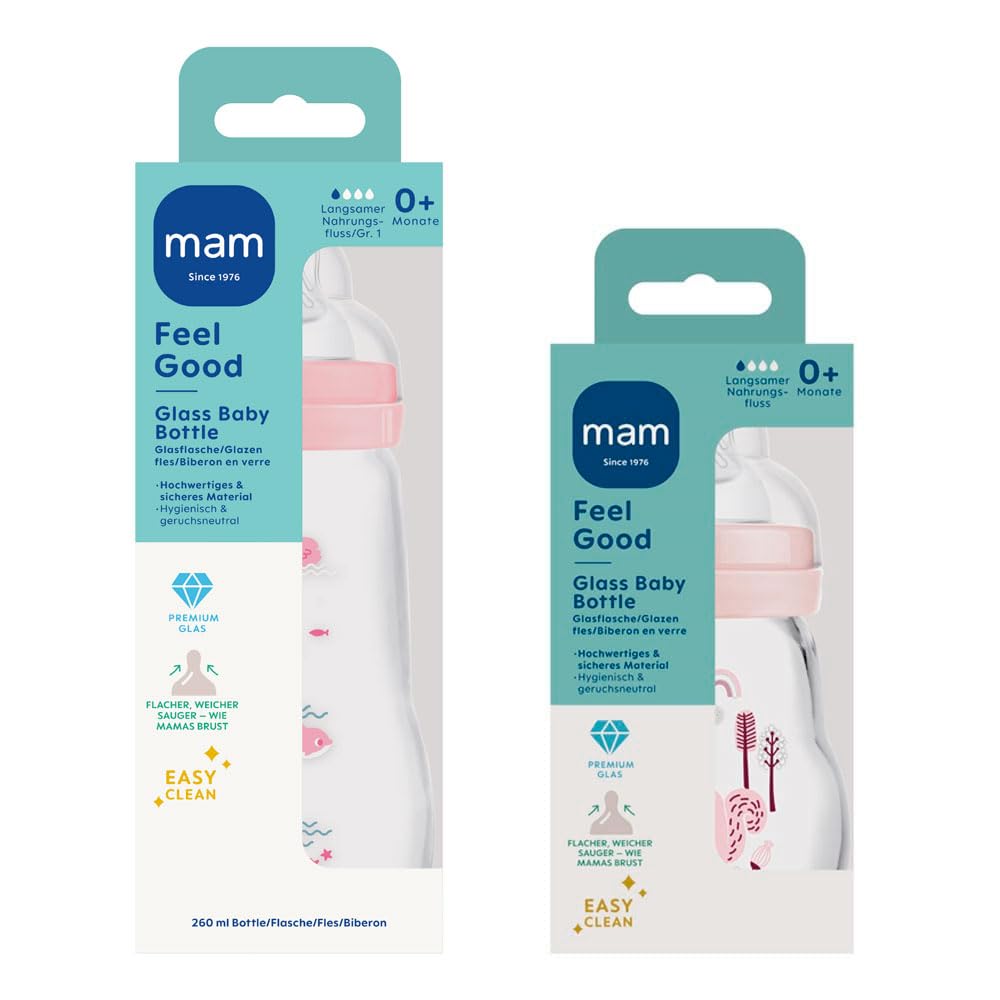 MAM Feel Good Set di 2 biberon in vetro (170 ml e 260 ml), con 1 tettarella a flusso lento per neonato, rosa