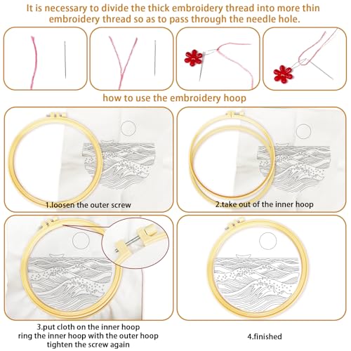 Image of BEUNITONE 6PCS Beginner Embroidery Kit for Adults, Minimalist Black and White Style Pre-Stamped Pattern Needlepoint Kits with Hoops & Instruction, Hand Embroidery Kits for Fabric and Home Decor 7.9 inch