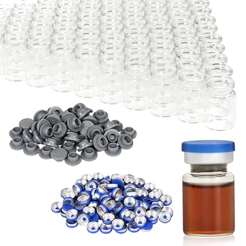 Chudeng 5 ml Klar Glasfläschchen mit Kunststoff-Aluminium-Klappkappen und Gummistopfen, 100 Stück, 20 mm flacher Boden, Laborfläschchen
