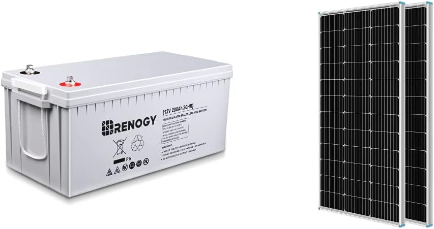Renogy Deep Cycle Agm Battery 12 Volt 200AH, Gray & 2PCS 100 Watt Solar Panels 12 Volt Monocrystalline, High-Efficiency Module PV Power Charger, 2-Pack Compact Design : Automotive