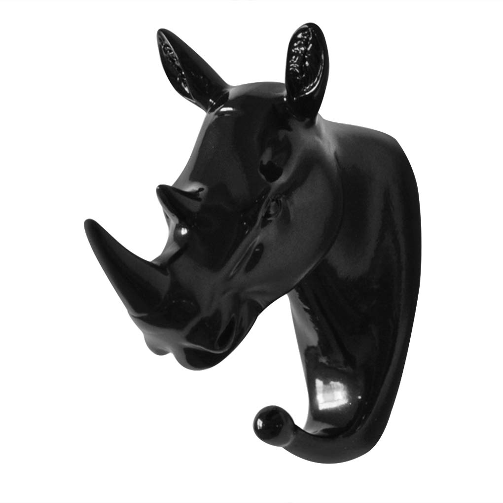 WOVEBIUS 3D Animal Head Wall Hanger Resin Coat Hat Hanging Hook Heavy Duty Holder Rack Home Decoration Type 6,Black,Rhino
