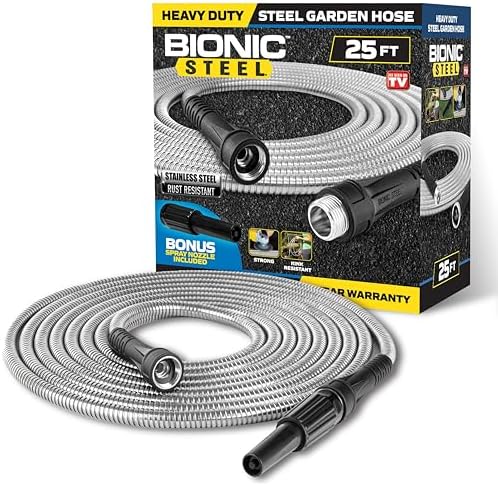Bionic Steel 25 Ft Metal Garden Hose with Nozzle, 25Ft x 5/8 In. ...
