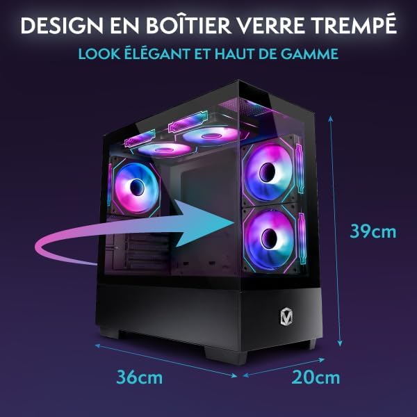 Dimensions of the VIBOX I-45 PC case: 36cm length, 20cm width, 39cm height.