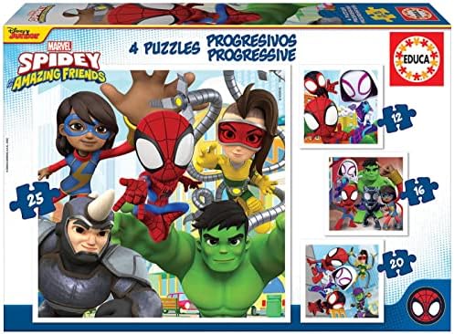 Educa - Kinderpuzzle Spidey und Seine Super-Freunde | 4in1 Puzzleset 12/16/20/25 Teile | Spiderman, Marvel | ab 3 Jahren (19295)