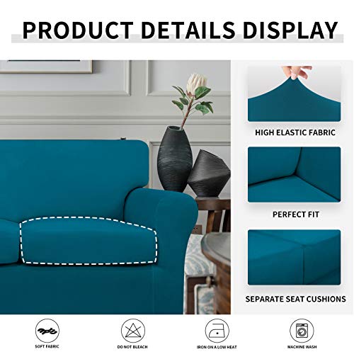 Image of Easy-Going 4 Pieces Oversized Stretch Couch Cover for Dogs Washable | Sectional Sofa Slipcover for 3 Separate Cushion Couch - Elastic Furniture Protector for Pets, Kids Peacock Blue