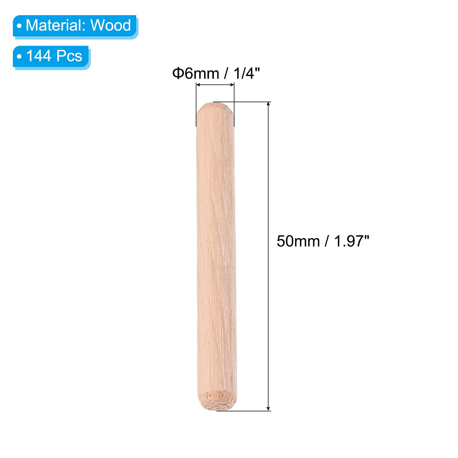 PATIKIL 1/4 Wooden Dowel Pins, 144 Pcs M6x50mm Wood Dowel Pins Hardwood Pegs Fluted Groove Easy Insertion for Crafts Furniture Door Art - Image 2