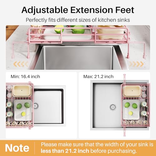 Image of SNTD Dish Drying Rack - Extendable Dish Rack, Large Sink Drying Dish Drainer for Kitchen Counter, Stainless Steel Dish Strainer with Utensil Holder (Pink)