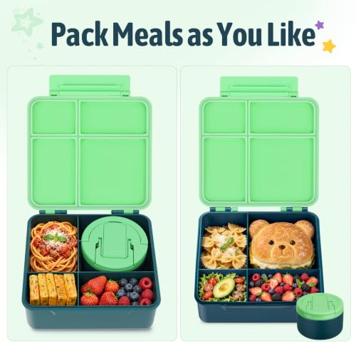Image of MAXSO Bento Lunch Box Set for Kids with 8 oz Soup Thermo, Leakproof Hot Food Container with 4 Compartments, Insulated Food Jar for Toddler Daycare Boys Girls School - Green