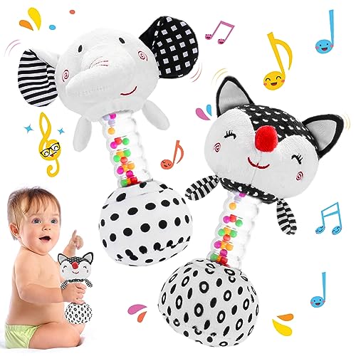 Image of FPVERA Baby Soft Rattles Shaker: Infant Developmental Hand Grip Baby Toys, High Contrast Black and White Newborn Sensory Toys Rattle Toy 0 3 6 9 12 Months for Babies Boys Girls Shower Gift, 2PCS
