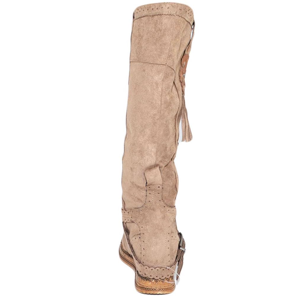 Stivali Donna Indianini Tortora al Ginocchio con Frange Zeppa Interna 5 cm e Stemma Scamosciati Alti Moda