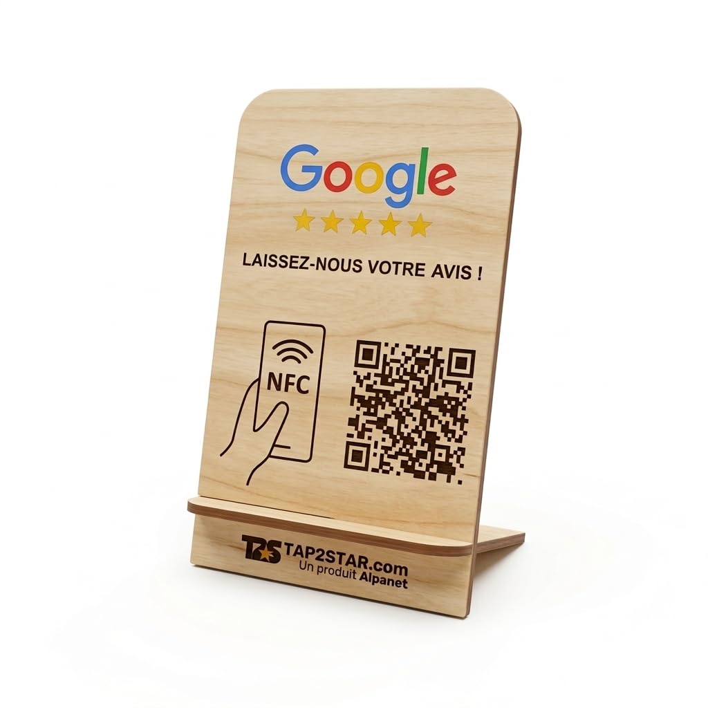 Stand en Bois, NFC & QR Présentoir écran Panneau chevalet pour Google (Bambou) Tap2Star.COM (11,5x7cm, Google FR)