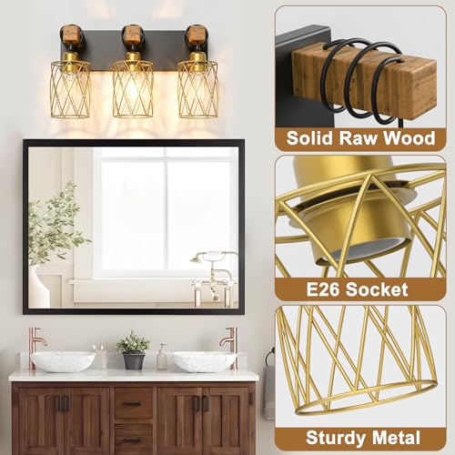Image of IZORRO Farmhouse Bathroom Vanity Light, 3-Light Wood Bathroom Light Fixtures Over Mirror, Black and Gold Industrial Vanity Lights with Metal Shade, Rustic Restroom Lighting Fixtures