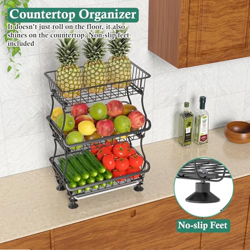 image for OKZEST 3-Tier Rolling Pantry Floor Organizer and Storage Cart with Whe