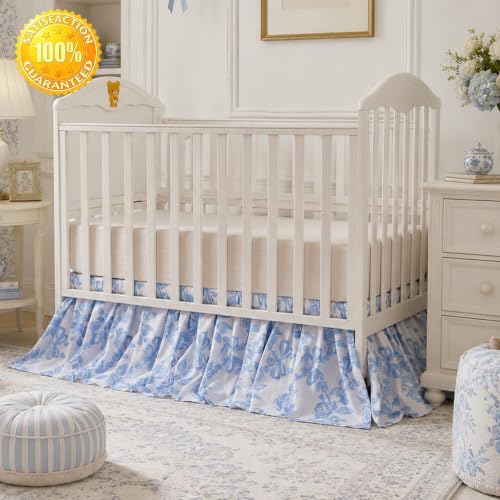 Image of Brandream Organic Cotton Crib Skirt Dust Ruffle, Baby Girl Crib Bed Skirt, 4-Sided, Luxury French Vintage Blue Rose Floral & Bow Cottagecore Toddler Bedskirt Farmhouse Chic Nursery Bedding Skirt
