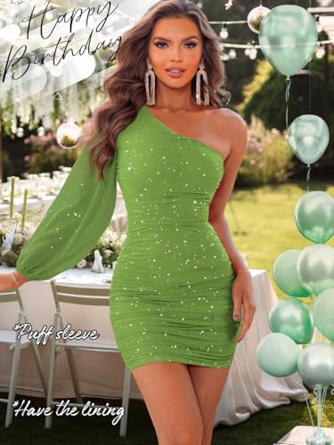 Image of ShawGobow Sparkly Outfits for Women,One Shoulder Ruched Bodycon Short Prom Dress,Sexy Dresses Cocktail Homecoming Nye