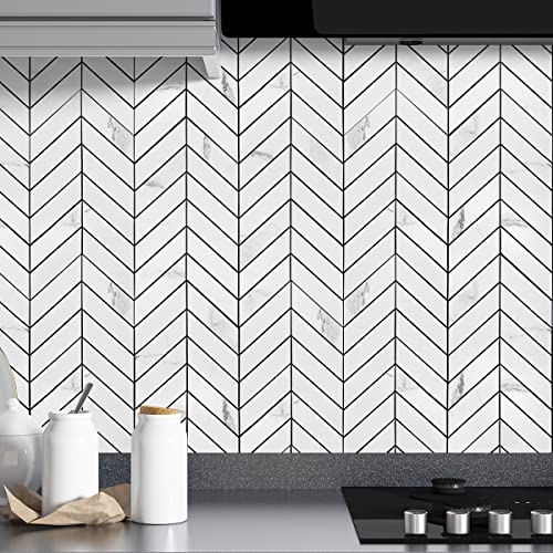 Art3D 10-Sheet Herringbone Peel And Stick Backsplash, Self Adhesive Marble Tiles Stick On Wall Tiles For Kitchen, Bathroom.(White Marble) #TOP1
