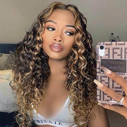 Derun 150% Density Highlight Ombre Curly Lace Front Wigs Human Hair 13×6 T Part Lace Frontal Wig Brown Remy Hair for Women (16Inch, T Lace)