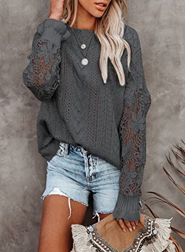 Image of Dokotoo Womens Crewneck Crochet Lace Long Sleeve Hollow Out Cable Knit Sweaters Pullover Tops
