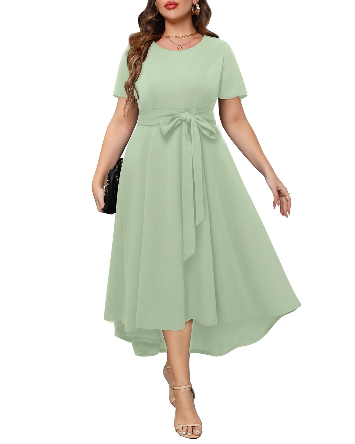 Holipick Women's Plus Size High Low Dress Wedding Guest Semi Formal Short Sleeves Long Cocktail Dresses with Pockets