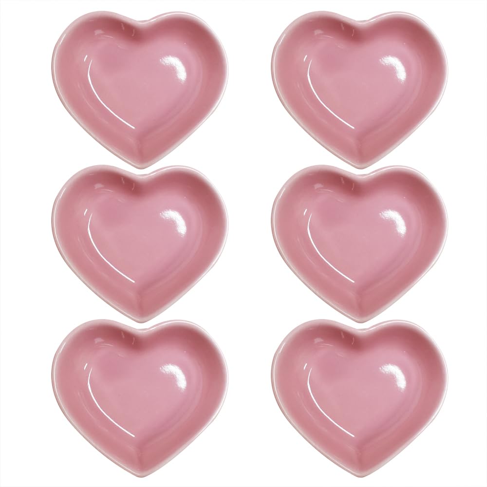 Pirhosigma 6 pcs Pink Heart Shaped Porcelain Soy Sauce Dish Snack Bowl Ceramic Dip Dipping Bowls 1.65 oz for Dinner Baking BBQ and Cooking