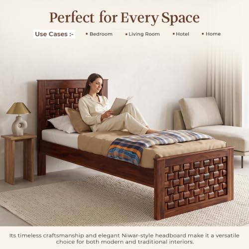 Image of WOODLAB Furniture Sheesham Wood Single Size Bed Without Storage and with Niwar Style Headboard | Wooden Single Cot Bed Palang for Home Living Room Bedroom and Hotel (Honey Finish)