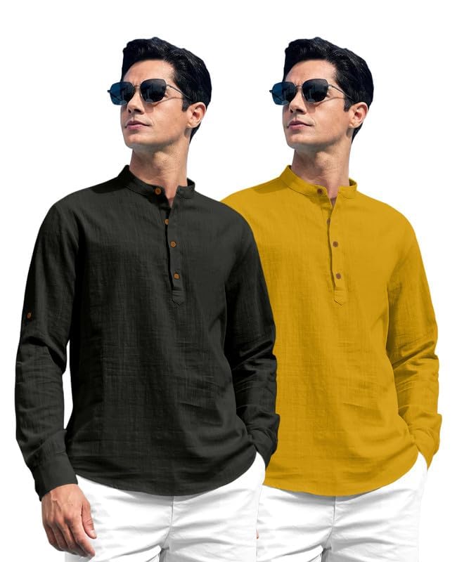 Image of ROYALSCOUT Combo of Men's Solid Cotton Blend Full Sleeve Straight Kurta Shirt (Pack of 2)