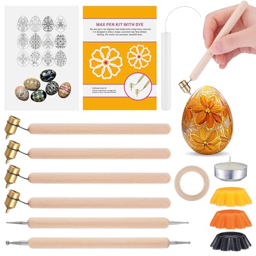 Blushtier Pysanky Ukrainisches Ostereier-Dekorationsset, 12-teilig, 0,2, 0,3, 0,4, 0,5 mm, Kistka-Stift, 2 doppelseitige Tropfen-Zieh-Werkzeugständer, Kerze, Bienenwachs, Anleitung (evtl. nicht in
