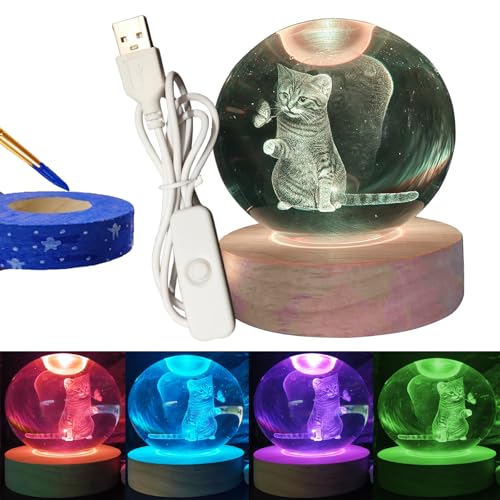 Image of 3D Crystal Ball 3.15 inch / Wooden USB Switch Base with LED Gradient Color Lights /Cat Lover Gift Women's 3D Crystal Ball Theme Gift,Christmas